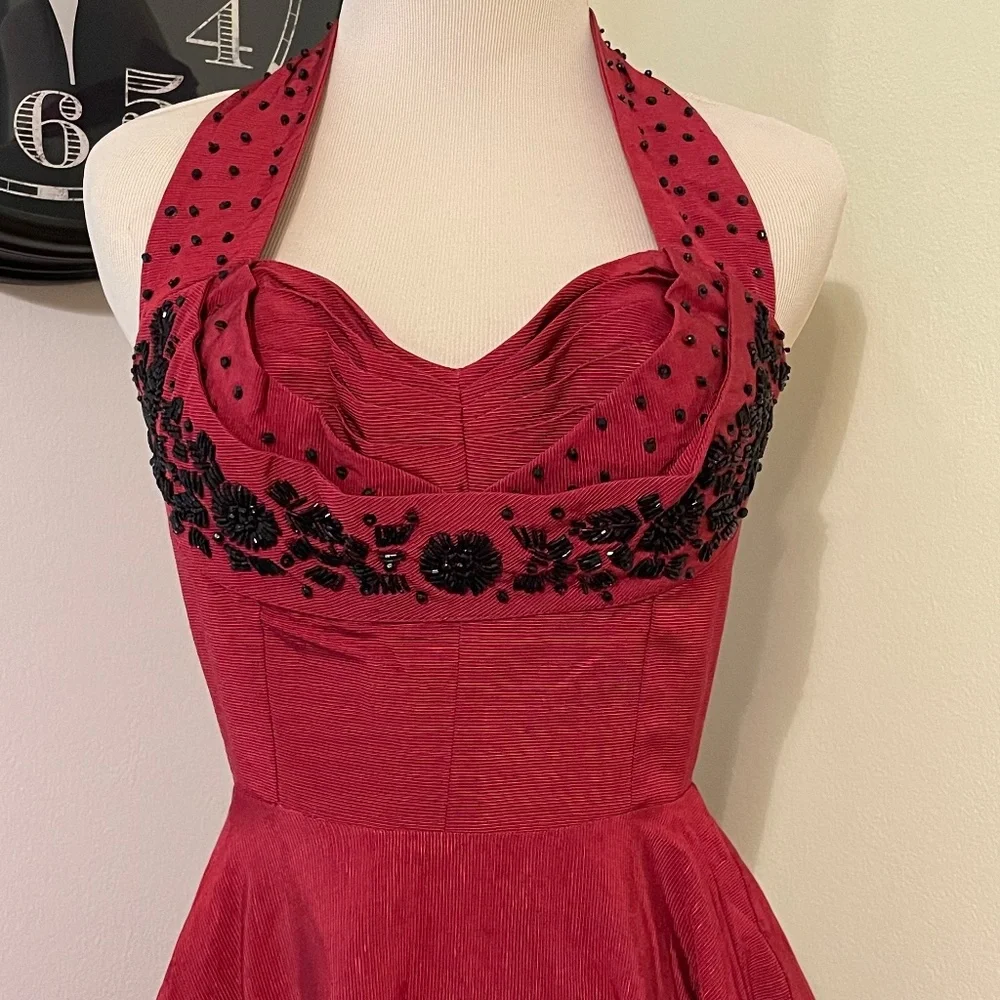 Trashy Diva Lena Ribbed Rayon Crimson siz 02 NWT Black beading halter neck - Picture 3 of 10